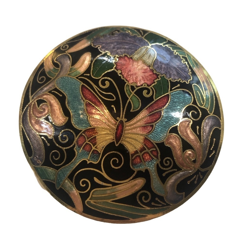 Cloisonné belt buckle  butterfly flower gold tone artsy art to wear